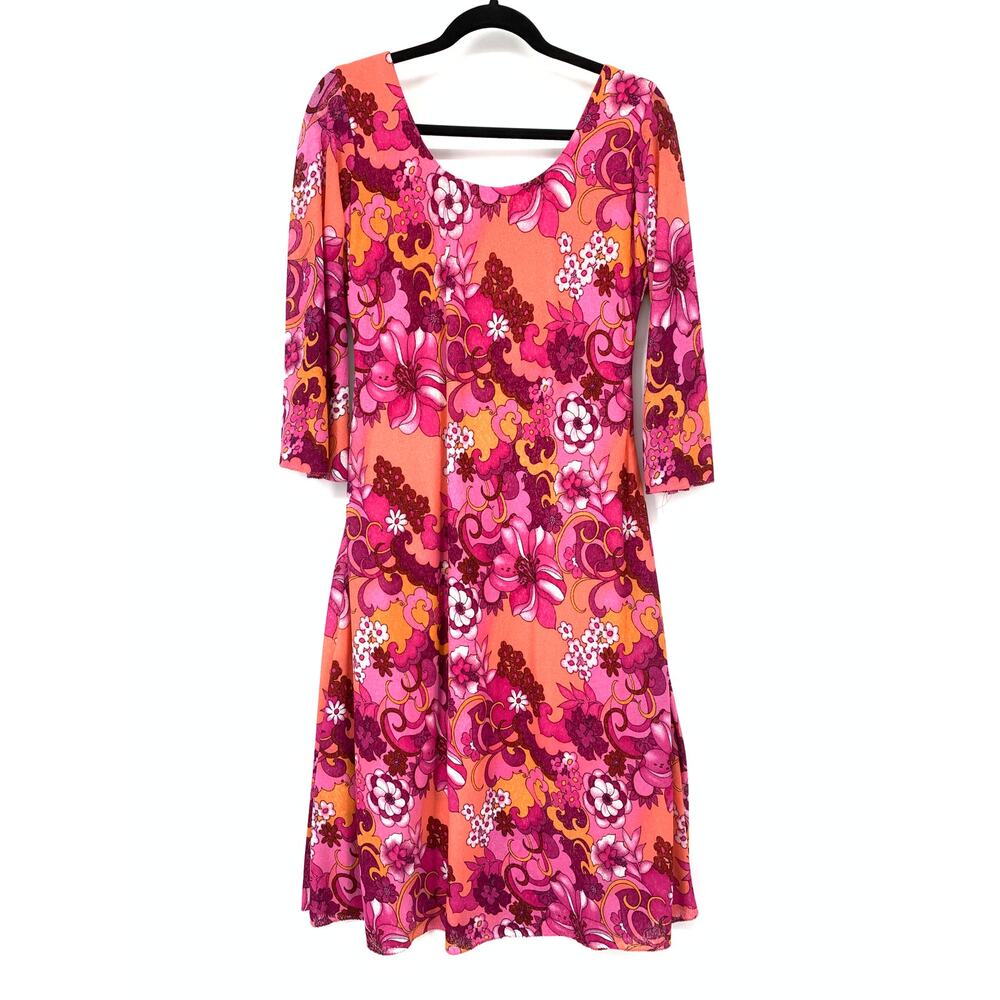 Vintage 70s Pink Psychedelic Floral Knee Length Dress Women Size M/L 3/4 Sleeve